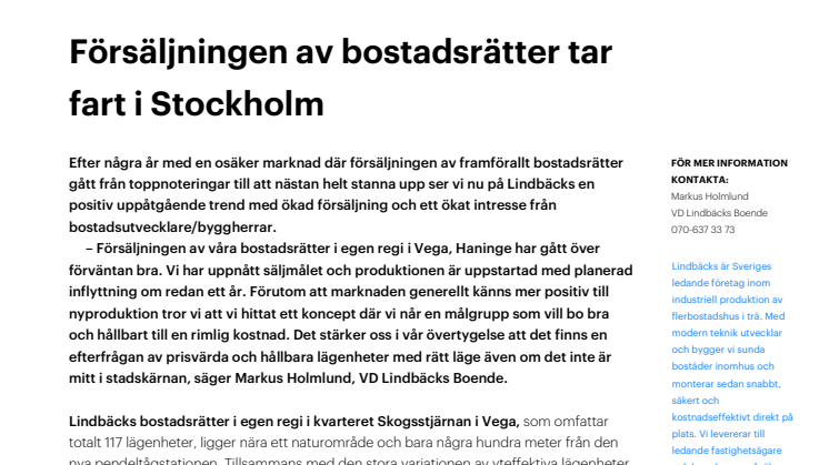 Försäljningen av bostadsrätter tar fart i Stockholm