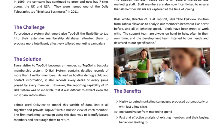 Top Golf "Our marketing is now more innovative and responsive thanks to Tahola and QlikView"