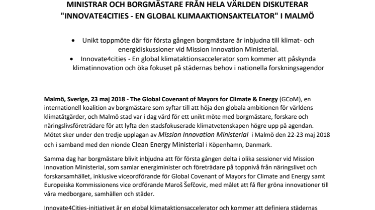 Pressmeddelande från Gobal Convenant of Mayors for climate and energy