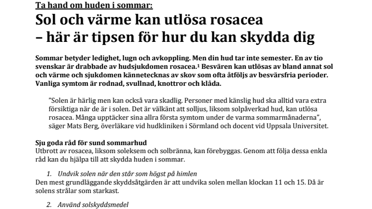 Sol och värme kan utlösa rosacea – här är tipsen för hur du kan skydda dig