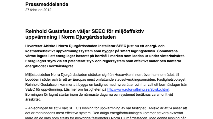 Reinhold Gustafsson väljer SEEC för miljöeffektiv  uppvärmning i Norra Djurgårdsstaden 