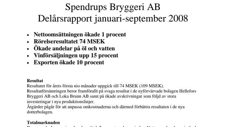 Spendrups Bryggeri AB: Delårsrapport januari-september 2008