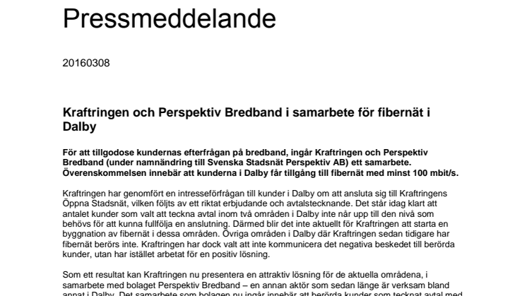 Kraftringen och Perspektiv Bredband i samarbete för fibernät i Dalby