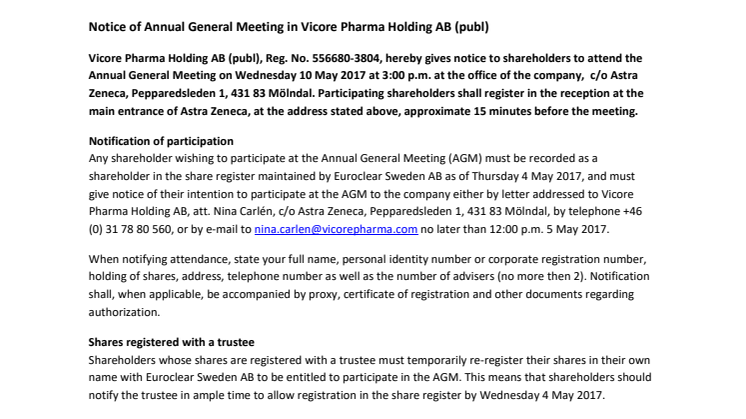 Notice of Annual General Meeting in Vicore Pharma Holding AB (publ)