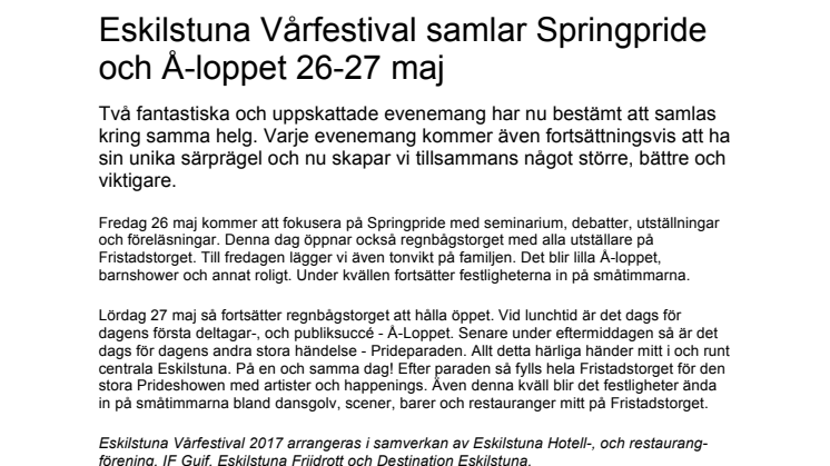 ​Eskilstuna Vårfestival samlar Springpride och Å-loppet 26-27 maj