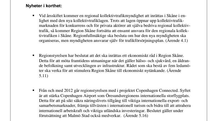 Pressinformation från regionstyrelsens möte i Region Skåne 2011-12-12