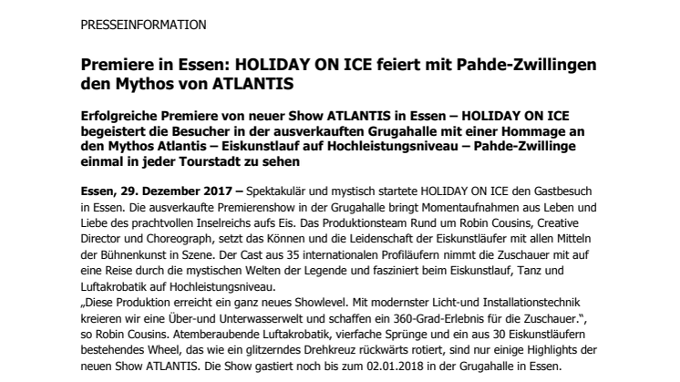 Premiere in Essen: HOLIDAY ON ICE feiert mit Pahde-Zwillingen den Mythos von ATLANTIS