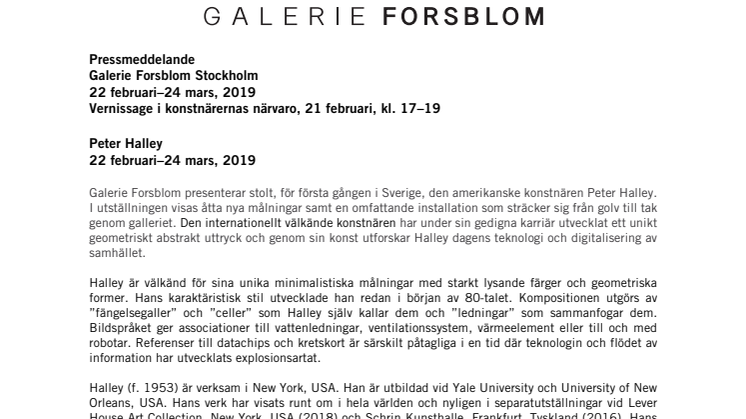 Galerie Forsblom presenterar stolt konstnären Peter Halley - för första gången i Sverige