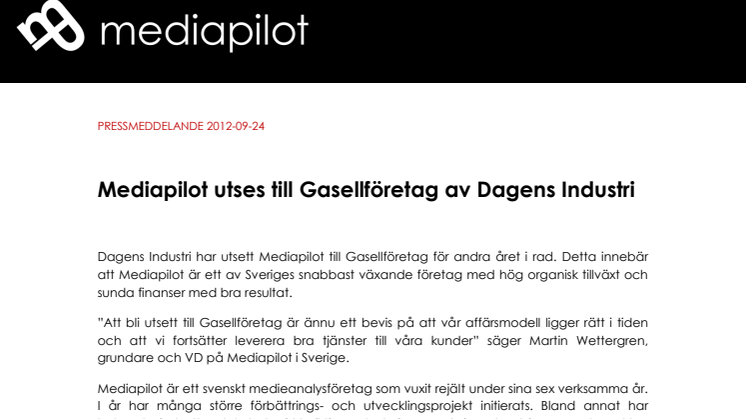 Mediapilot utses till Gasellföretag av Dagens Industri