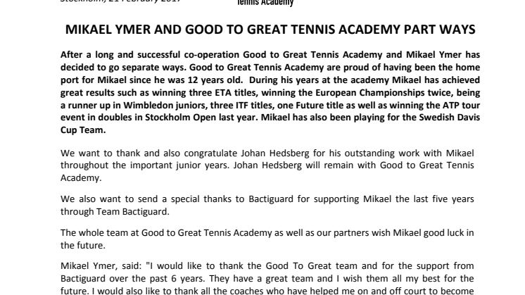 Mikael Ymer and Good to Great Tennis Academy part ways