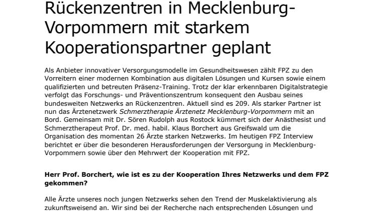 Interview mit Prof. Klaus Borchert (Schmerztherapie Ärztenetz MV): Rückenzentren in Mecklenburg-Vorpommern mit starkem Kooperationspartner geplant
