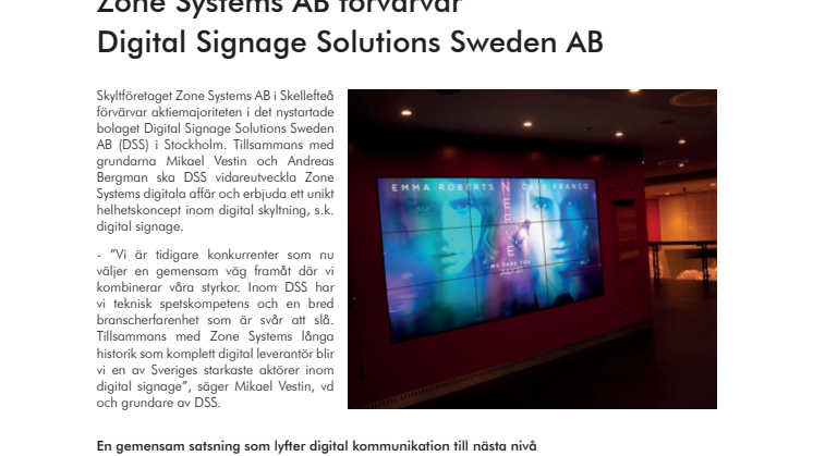 Zone Systems AB förvärvar Digital Signage Solutions Sweden AB