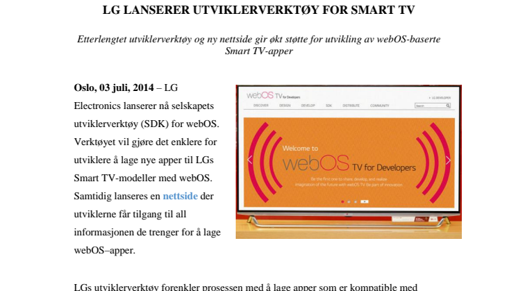LG LANSERER UTVIKLERVERKTØY FOR SMART TV