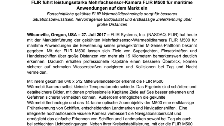 FLIR: FLIR führt leistungsstarke Mehrfachsensor-Kamera FLIR M500 für maritime Anwendungen auf dem Markt ein