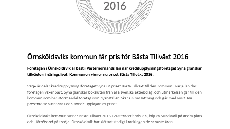 Örnsköldsviks kommun får pris för Bästa Tillväxt 2016
