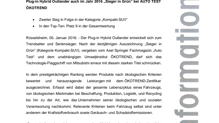 Plug-in Hybrid Outlander auch im Jahr 2016 „Sieger in Grün“ bei AUTO TEST ÖKOTREND 