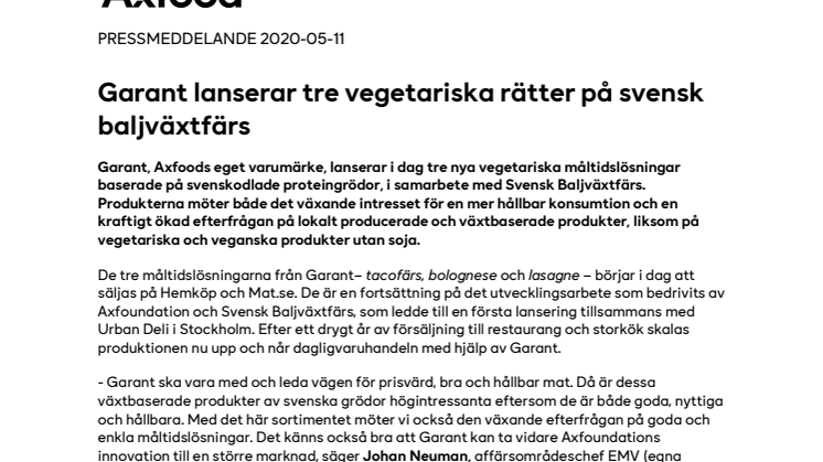 Garant lanserar tre vegetariska rätter på svensk baljväxtfärs