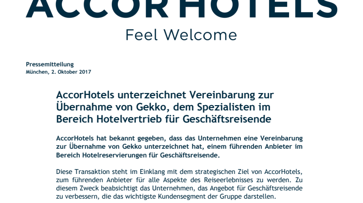 ​AccorHotels unterzeichnet Vereinbarung zur Übernahme von Gekko, dem Spezialisten im Bereich Hotelvertrieb für Geschäftsreisende