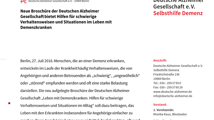 Neue Broschüre der Deutschen Alzheimer Gesellschaft bietet Hilfen für schwierige Verhaltensweisen und Situationen im Leben mit Demenzkranken  