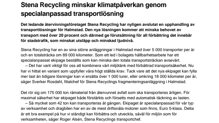 Stena Recycling minskar klimatpåverkan genom specialanpassad transportlösning 