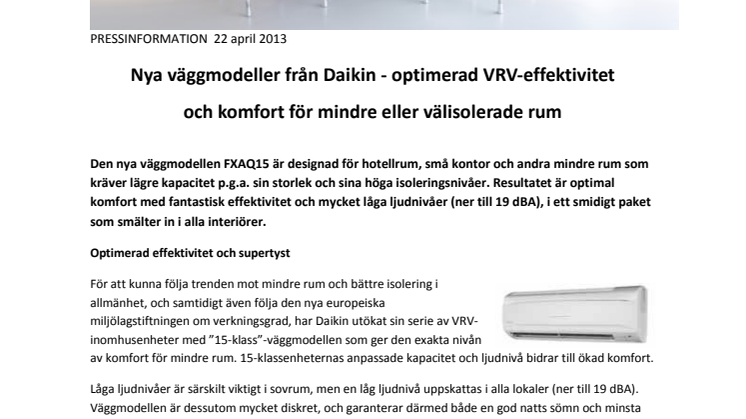 Nya väggmodeller från Daikin - optimerad VRV-effektivitet och komfort för mindre eller välisolerade rum
