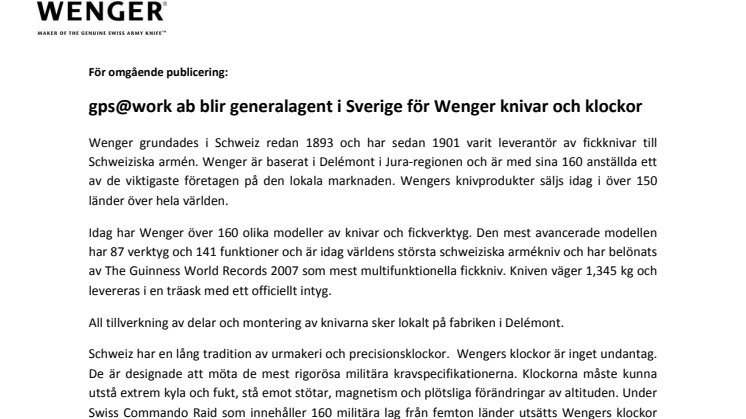 gps@work ab blir generalagent i Sverige för Wenger knivar och klockor