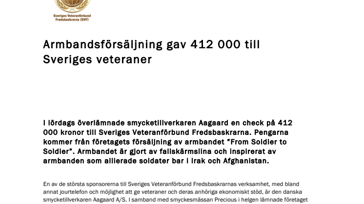 Armbandsförsäljning gav 412 000 till Sveriges veteraner