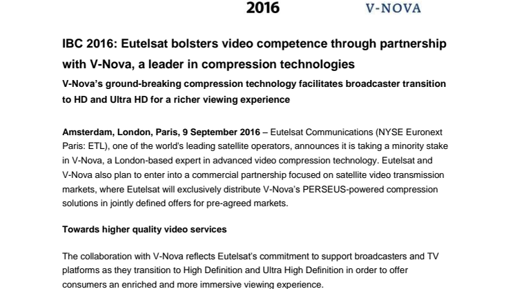 IBC 2016: Eutelsat bolsters video competence through partnership with V-Nova, a leader in compression technologies