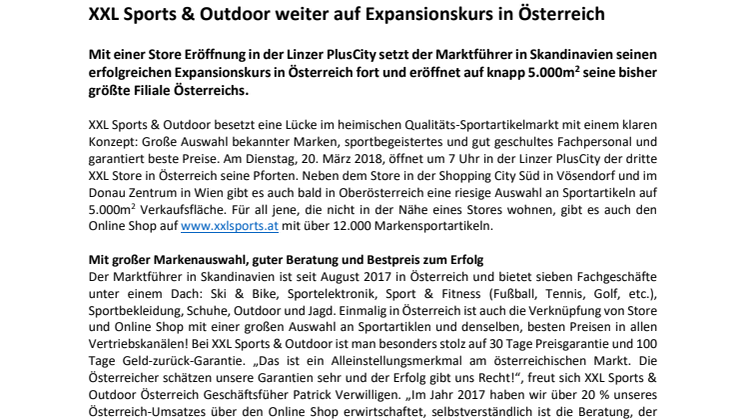 XXL Sports & Outdoor weiter auf Expansionskurs in Österreich