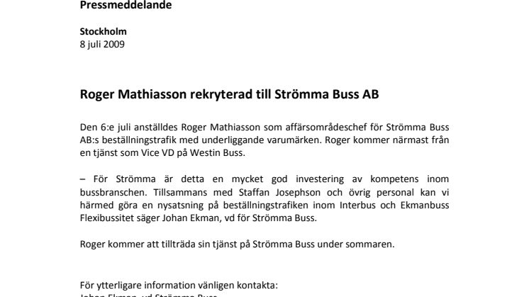 Roger Mathiasson rekryterad till Strömma Buss AB
