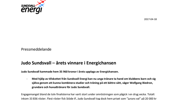 Judo Sundsvall – årets vinnare i Energichansen