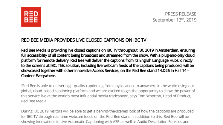 Red Bee Media Provides Live Closed Captions on IBC TV