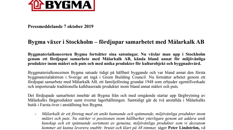 Bygma växer i Stockholm – fördjupar samarbetet med Målarkalk AB
