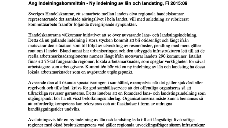 Ang Indelningskommittén - nya län och landsting, Fi 2015:09