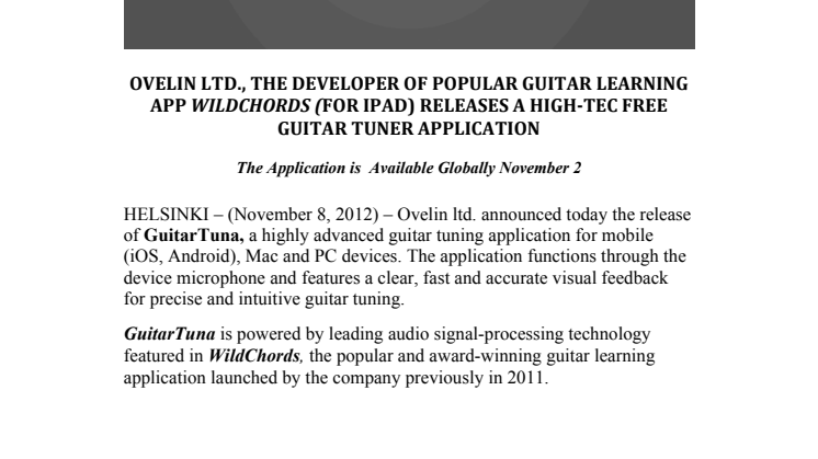 Ovelin launches GuitarTuna - an advanced, free guitar tuner application