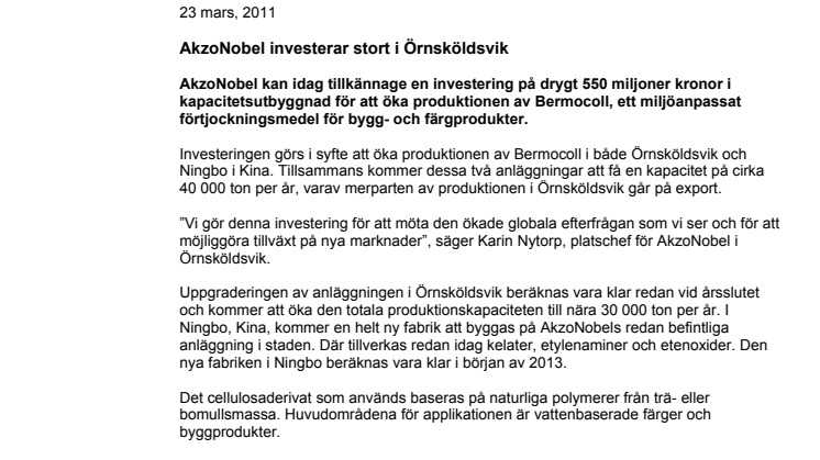 AkzoNobel investerar stort i Örnsköldsvik 