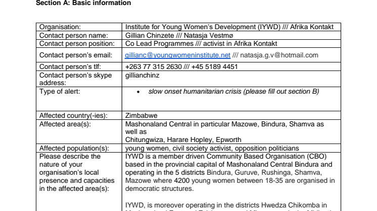 Alert Note: Afrika Kontakt Zimbabwe, Protection and Food Security Crisis (19-001-RO)