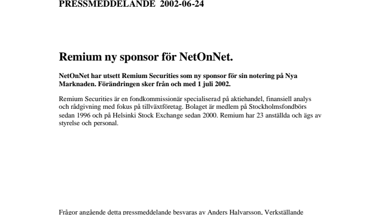 Remium ny sponsor för NetOnNet.