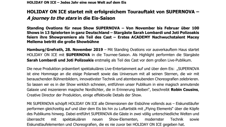 HOLIDAY ON ICE startet mit erfolgreichem Tourauftakt von SUPERNOVA – A journey to the stars in die Eis-Saison