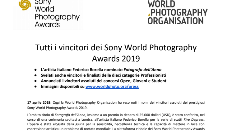 Tutti i vincitori dei Sony World Photography Awards 2019