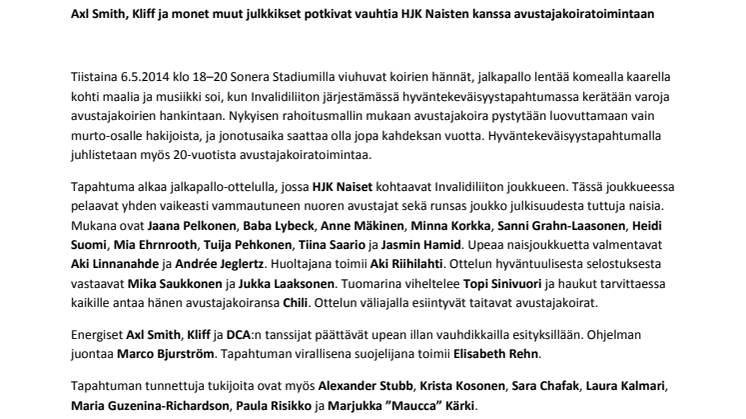 Axl Smith, Kliff ja monet muut julkkikset potkivat vauhtia HJK:n naisten kanssa avustajakoiratoimintaan