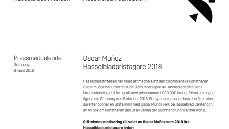 Oscar Muñoz Hasselbladpristagare 2018