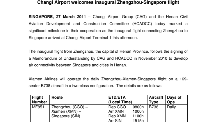 Changi Airport welcomes inaugural Zhengzhou-Singapore flight