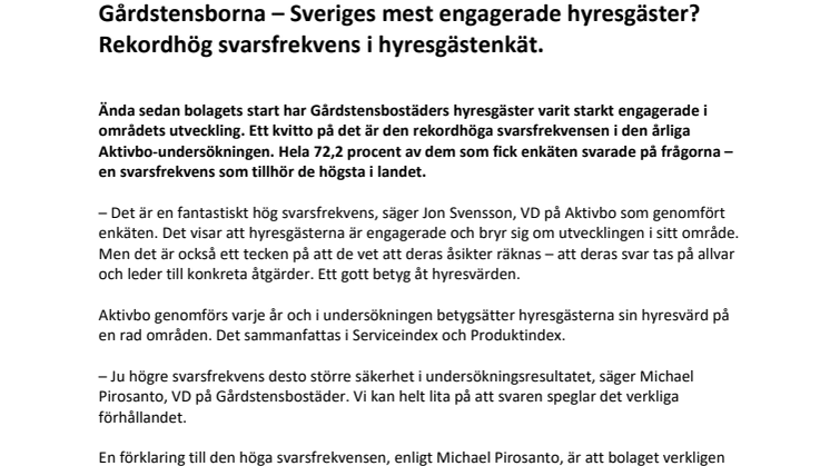 Gårdstensborna – Sveriges mest engagerade hyresgäster? Rekordhög svarsfrekvens i hyresgästenkät.
