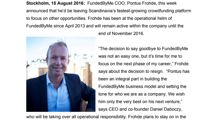 FundedByMe COO to step down