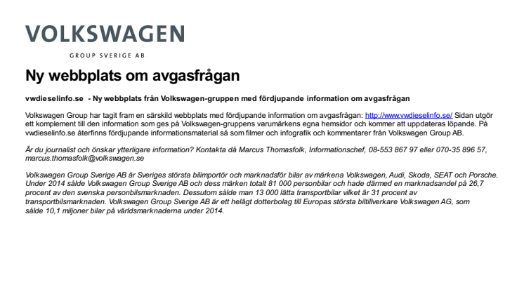 Ny webbplats från Volkswagen-gruppen med fördjupande information om avgasfrågan