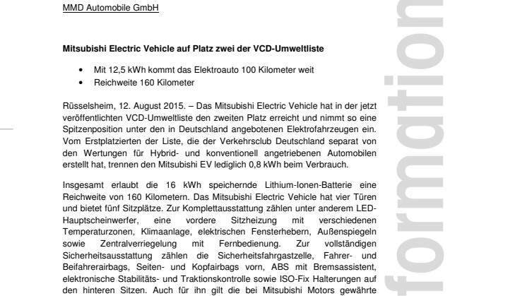 Mitsubishi Electric Vehicle auf Platz zwei der VCD-Umweltliste