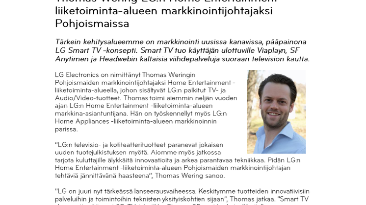 Thomas Wering LG:n Home Entertainment -liiketoiminta-alueen markkinointijohtajaksi Pohjoismaissa