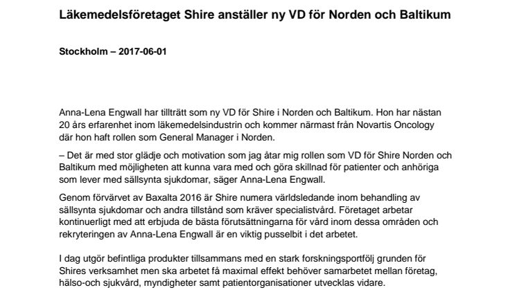 Läkemedelsföretaget Shire anställer ny VD för Norden och Baltikum