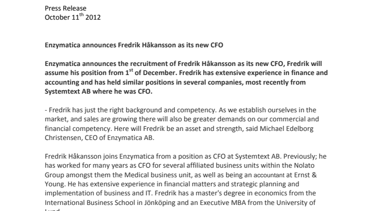 Enzymatica announces Fredrik Håkansson as its new CFO